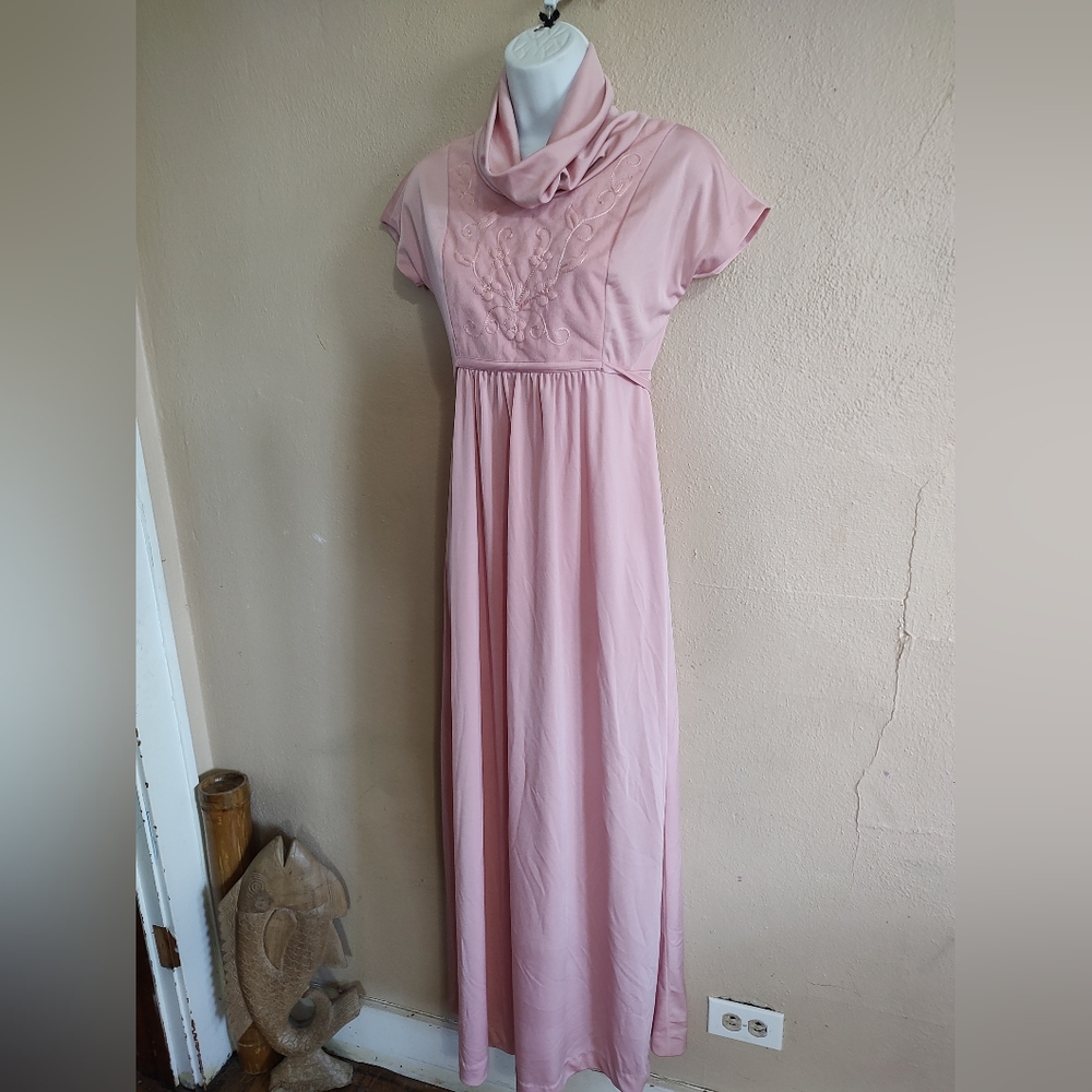 Vintage 70's Pink Polyester Prom Dress Vicky Vaughn SZ XSmall Small Cowl Neck